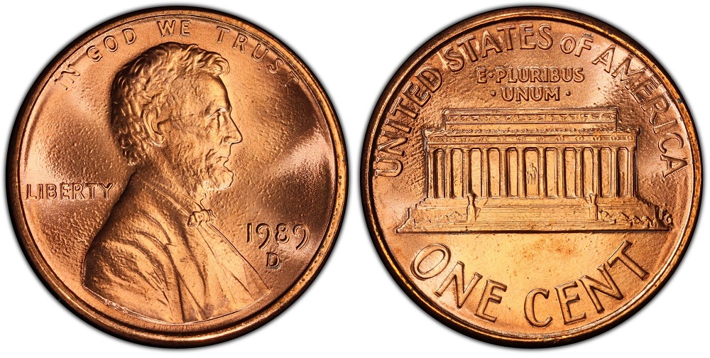 1989 Lincoln penny grading strip showing four coins representing Worn G4, Circulated EF40, Uncirculated MS63, and Gem MS67 Red condition