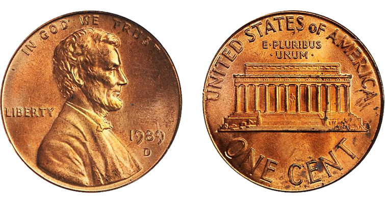 Side-by-side comparison of standard 1989-D zinc penny versus 1989-D copper planchet transitional error showing color and weight difference