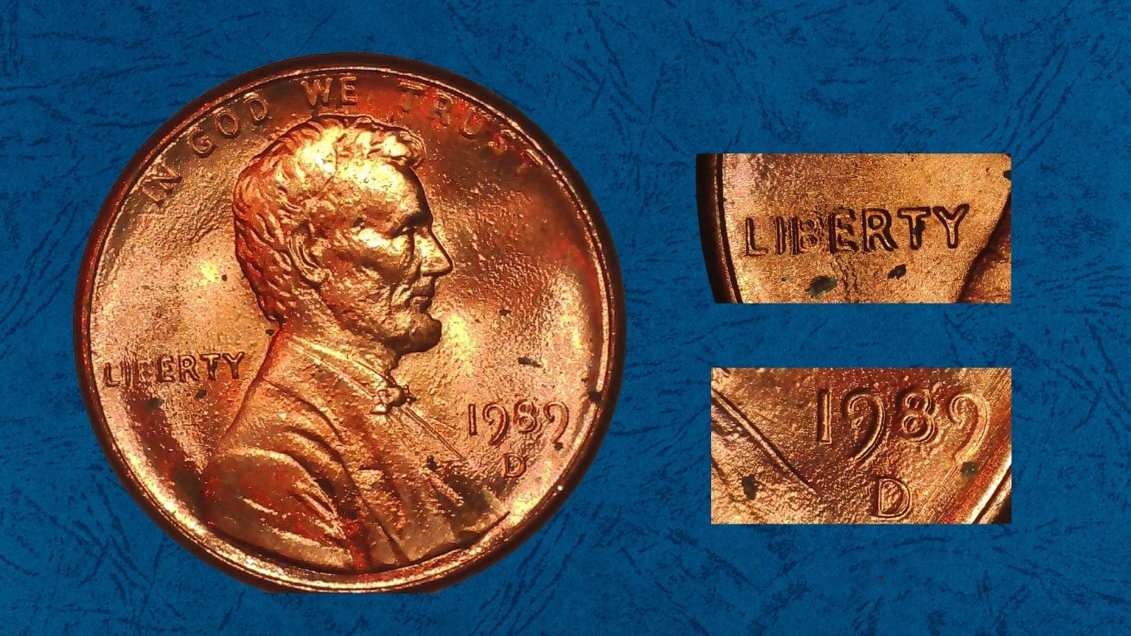 1989 Lincoln cent doubled die obverse showing mechanical doubling on date numerals and IN GOD WE TRUST lettering under magnification
